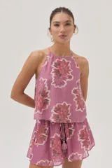 Top halter estampado con flores, confeccionado en una delicada mezcla de algodón y seda.