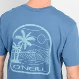 Remera azul de manga corta con logo de la marca O'Neill estampado en el pecho.