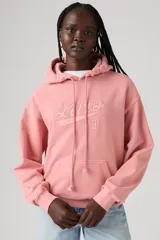 Buzo hoodie rosa con logo de Levi's bordado en el frente y bolsillo tipo canguro.