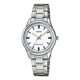 Reloj Casio para mujer, modelo LTPV005SG-7AUDF, con caja plateada de acero inoxidable y esfera blanca. El brazalete es de acero combinado en plateado y dorado. Resistente al agua.