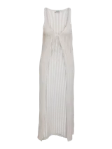 Cárdigan largo sin mangas con cuello en V, color blanco. Confeccionado en mezcla de algodón y poliéster reciclados. Diseño de largo a los tobillos, cierre con tiras y detalle de nudo al frente.