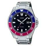Reloj Casio plateado con bisel azul y fucsia, con correa de acero inoxidable y esfera negra.