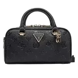 Cartera Guess modelo Cresidia, tipo bowling, color negro con textura grabada con el logo de la marca. Tiene doble asa corta, correa larga ajustable y removible, cierre superior con doble cremallera y dije colgante con el logo de Guess.