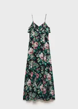 Vestido largo de gasa con estampado floral, tirantes finos ajustables, escote en pico y volantes en el cuello y en el bajo.