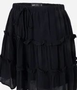 Minifalda negra texturizada de viscosa con cintura elástica, lazo ajustable y volados.