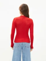Polera gris de tejido de punto acanalado, con cuello alto y mangas largas.