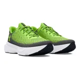 Zapatillas de running Under Armour Infinite para mujer, con capellada de tejido knit degradado en tonos gris y verde flúor, logo de la marca en el talón y suela blanca con tecnología HOVR.