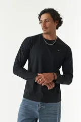 Remera de manga larga color marrón con cuello redondo y logo bordado en el pecho.