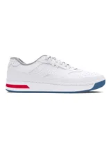 Championes urbanos Under Armour modelo UA Court 96, color blanco con detalles en gris, rojo y azul. Confeccionados en cuero sintético con perforaciones y suela de goma.