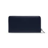 Billetera rectangular con cierre de cremallera, confeccionada en símil cuero con franjas horizontales en tonos blanco, gris y negro.