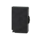 Billetera compacta de cuero genuino color gris con doble caja de aluminio incorporada. Cuenta con un sistema de deslizamiento para tarjetas con capacidad para 10 unidades, sección para billetes y protección RFID para evitar clonaciones.