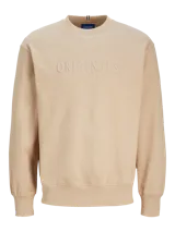Buzo color beige de manga larga con cuello redondo y puños acanalados. Interior suave con acabado cepillado y estampado en relieve con efecto tridimensional.
