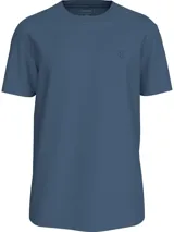 Remera azul de algodón con cuello redondo y mangas cortas. Presenta un pequeño logo CK bordado en el pecho y un monograma de Calvin Klein texturizado en la espalda.