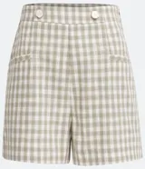 Short de tiro alto con estampado de cuadros en tonos beige y verde, con botones decorativos en la cintura.