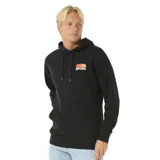 Canguro negro con capucha y bolsillo delantero, con logo de Rip Curl estampado en el pecho con diseño de sol en tonos naranja y amarillo.