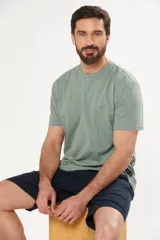 Remera verde de manga corta con cuello redondo y logo bordado en el pecho.