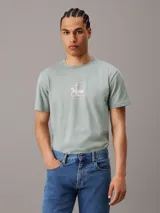 Remera verde claro de algodón con cuello redondo y manga corta. Estampado frontal con el logo de Calvin Klein en color rosa pálido.