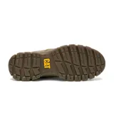 Zapato de cuero color marrón para hombre, modelo Threshold Low Beaned de la marca Caterpillar. Presenta un diseño de caña baja con cordones, forro de malla de nylon transpirable, plantilla acolchada y suela de goma con tracción.
