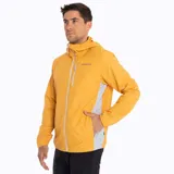 Cortaviento gris con detalles en naranja, ultra liviano, de secado rápido, con capucha y bolsillos internos.
