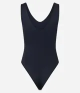 Body femenino negro, tipo musculosa, con escote en V profundo y cierre en la entrepierna.