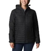 Campera puffer negra para mujer, marca Columbia, modelo Silver Falls II Hood. Confeccionada con tecnología Omni-Shield que repele la humedad y Thermarator que mantiene abrigado. Cuenta con capucha, bolsillos con cierre, puños elásticos y se puede guardar en el bolsillo de la mano.