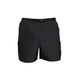 Short de baño negro con cintura elástica, cinturón con hebilla de ajuste y bolsillo lateral con cierre que se convierte en bolsa para guardado.