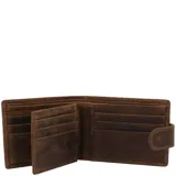 Billetera de cuero marrón con broche, 12 ranuras para tarjetas y forro interior de poliéster reciclado. Cuenta con tecnología RFID.