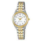 Reloj analógico Casio LTP1129G-7BRDF para mujer, con caja plateada y detalles dorados, esfera blanca con números arábigos y agujas doradas, y pulsera de acero inoxidable plateada y dorada.