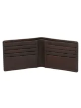 Billetera de cuero marrón con costuras en color beige.