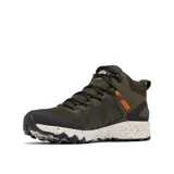 Botas de senderismo Columbia Peakfreak II Mid, color verde oliva con detalles en negro y naranja. Fabricadas con tecnología OutDry™ impermeable y transpirable, entresuela TechLite+™ para amortiguación y suela Adapt Trax™ para tracción.