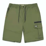 Short cargo color beige con bolsillos laterales y traseros, cierre con cremallera y botón, cintura elástica con cordón. Etiqueta tejida con logo CAT en el bolsillo izquierdo.