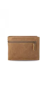 Billetera marrón de cuero liso, con cierre de cremallera en el exterior, interior con visor, espacio para tarjetas y división para billetes.