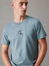 Remera celeste de corte regular, cuello redondo y manga corta. Presenta un monograma bordado de Calvin Klein Jeans en el pecho.