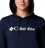 Buzo Columbia azul marino con capucha ajustable con cordón, bolsillo tipo canguro y logo de la marca estampado en blanco.