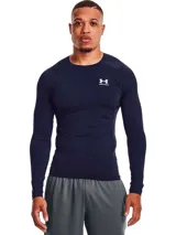 Remera de compresión Under Armour HeatGear Armour Comp LS de manga larga, color azul marino con logo blanco en el pecho.
