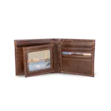 Billetera de cuero color negro, con interior liso y visor para tarjetas. Cuenta con espacio para 12 tarjetas y compartimento para billetes con cierre interno.