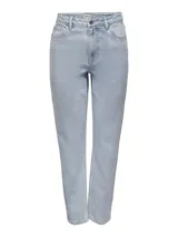 Jean de mujer en denim azul claro con cintura alta y corte mom, cinco bolsillos y roturas en las rodillas.