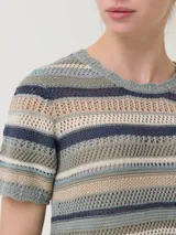 Remera de calado rayado con cuello redondo y manga corta. Confeccionada en algodón orgánico con lurex.