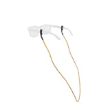 Sujeta lentes con cordón trenzado color amarillo y terminales de goma negra.