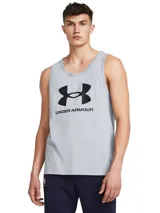 Musculosa gris de Under Armour con logo grande negro estampado en el frente.