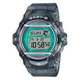 Reloj digital CASIO BABY-G modelo BG169U-8BDR, con caja de resina gris translúcida de 45mm y esfera verde. Resistente a golpes y al agua hasta 100 metros.