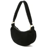 Bolso de hombro tipo media luna, color negro, con acabado de gamuza o material similar. Presenta un cierre superior con cremallera y un logo triangular metálico de Guess en color dorado en el frente. La correa de hombro es negra y trenzada.