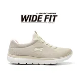 Zapatillas deportivas Skechers Summits - Fun Flair, color beige con detalles en rosa. Capellada de malla técnica jaspeada, cordones elásticos, plantilla Skechers Memory Foam y suela flexible con tracción. Horma ancha.
