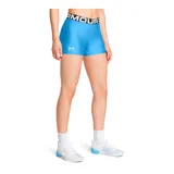 Calza corta de mujer Under Armour, modelo HeatGear Shorty, color azul con logo en la pierna izquierda y cintura elástica con la inscripción Under Armour.
