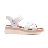 Sandalias Skechers Slip-ins Bobs Sun Ray Bright Take color blanco, con capellada de lino, tira de refuerzo en el empeine, ribete de yute en la entresuela, talón trasero Skechers Hands Free Slip-ins y plantilla acolchada Skechers Plush Foam.