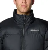 Campera puffer negra con cierre frontal y cuello alto. Logo de Columbia bordado en blanco en el pecho.