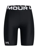 Calza corta de lycra negra Under Armour HeatGear, con cintura alta con logo y logo estampado en la pierna izquierda.