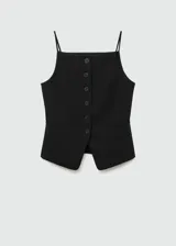 Chaleco azul con tirantes finos, cuello halter, cierre delantero con botones y diseño entallado.