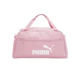 Bolso deportivo Puma Phase Small color rosa con logo blanco estampado. Tiene doble asa de mano y correa de hombro ajustable. Incluye un compartimento principal con cierre bidireccional, un bolsillo frontal con cierre y un bolsillo lateral de malla.