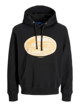 Hoodie negro con capucha y manga larga, de corte holgado y estampado ovalado en el pecho.